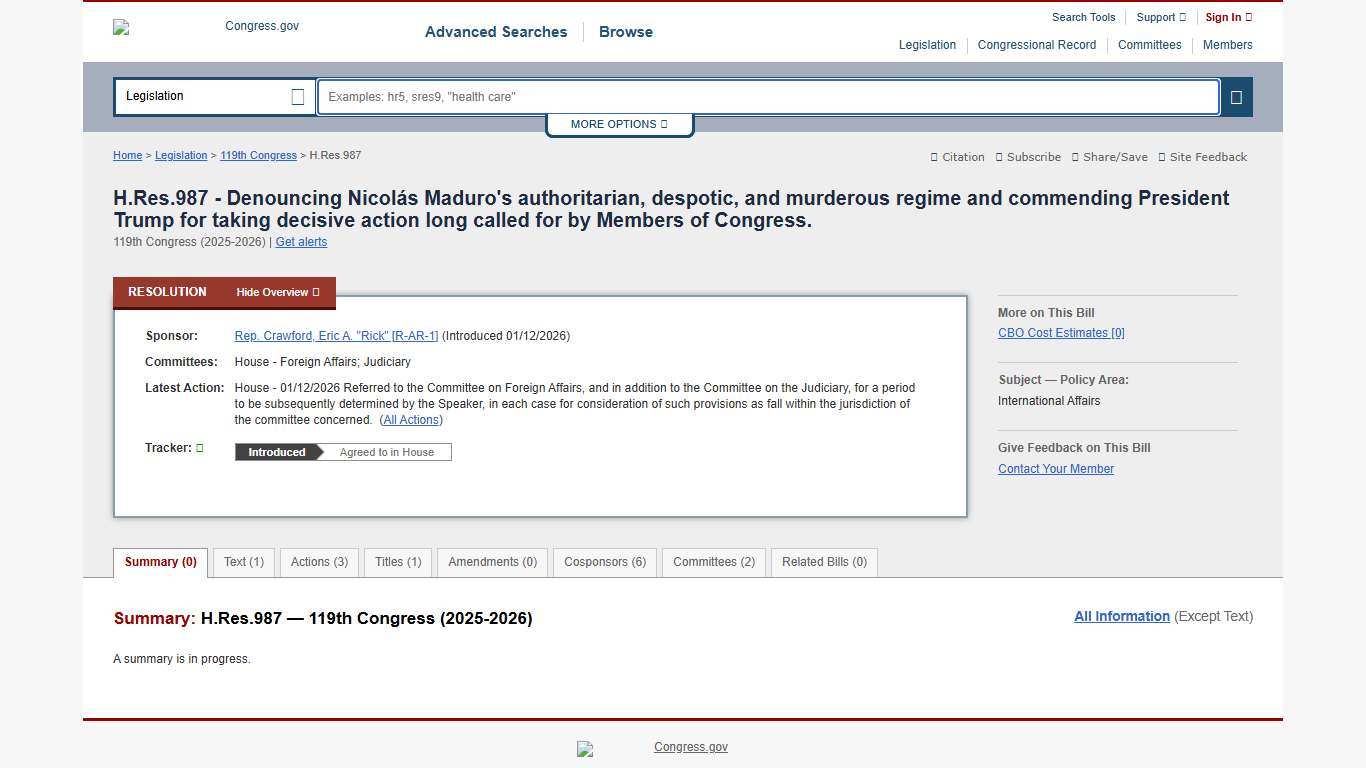 H.Res.987 - 119th Congress (2025-2026): Denouncing Nicolás Maduro's authoritarian, despotic, and murderous regime and commending President Trump for taking decisive action long called for by Members of Congress. | Congress.gov | Library of Congress