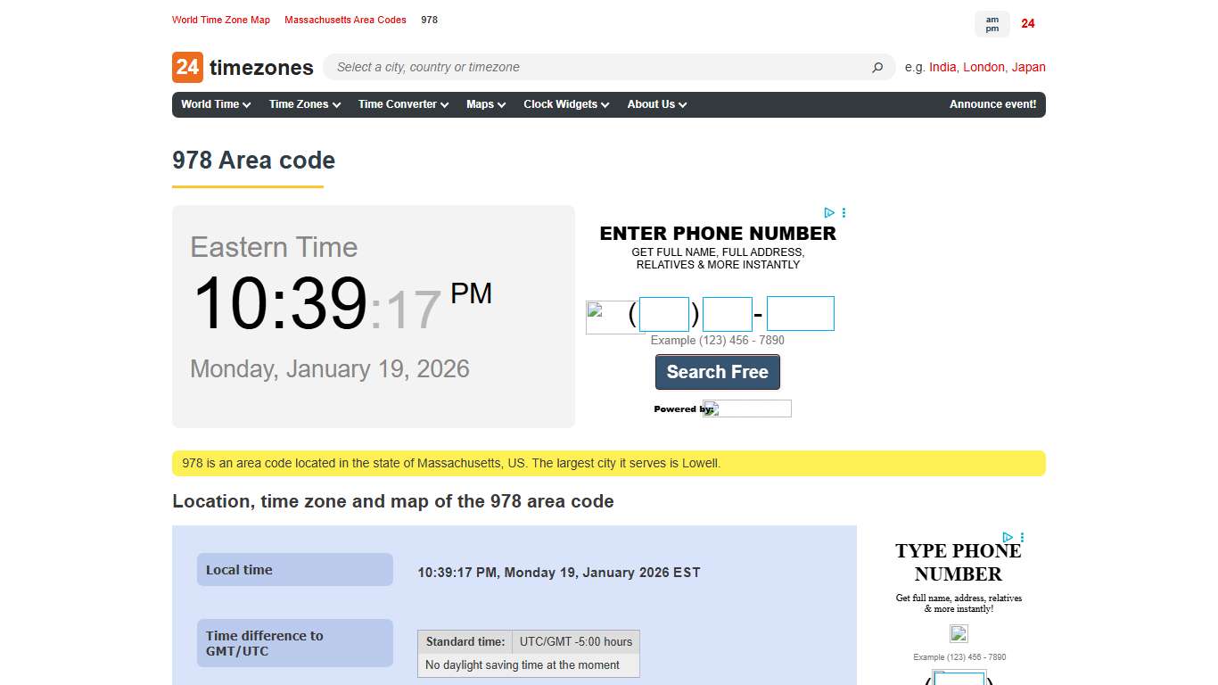 978 area code — information, time zone, map
