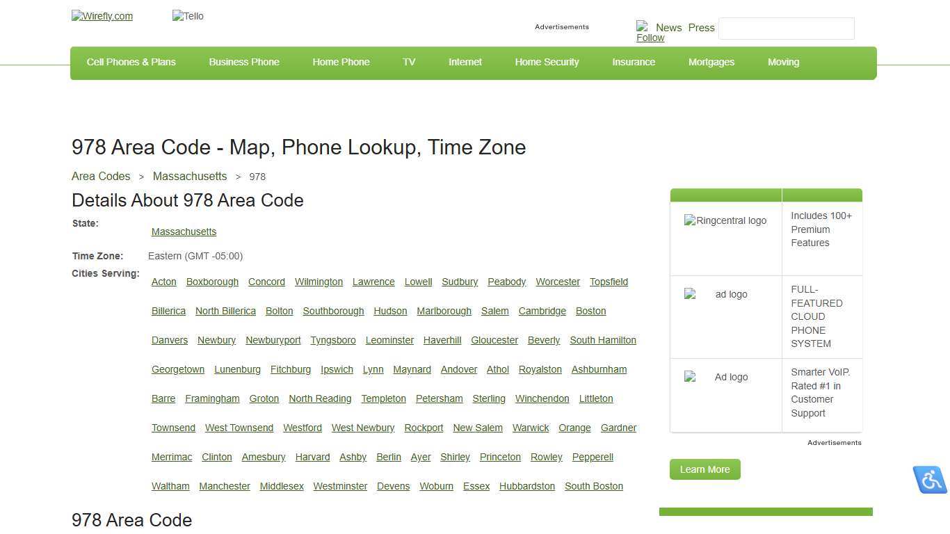 978 Area Code - Map, Phone Lookup, Time Zone | Wirefly